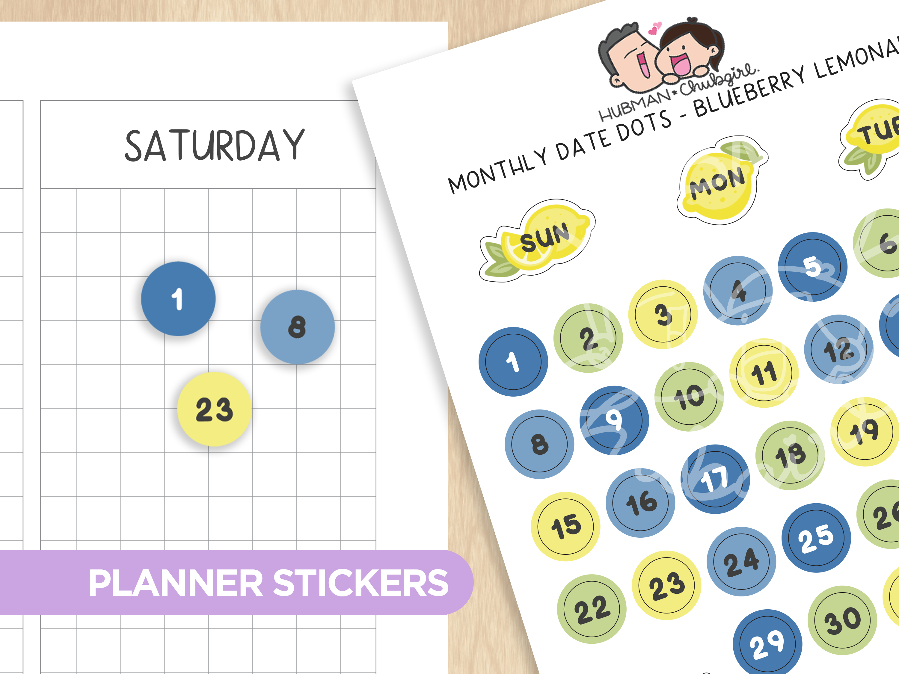Monthly Date Dots - Blueberry Lemonade Planner Stickers