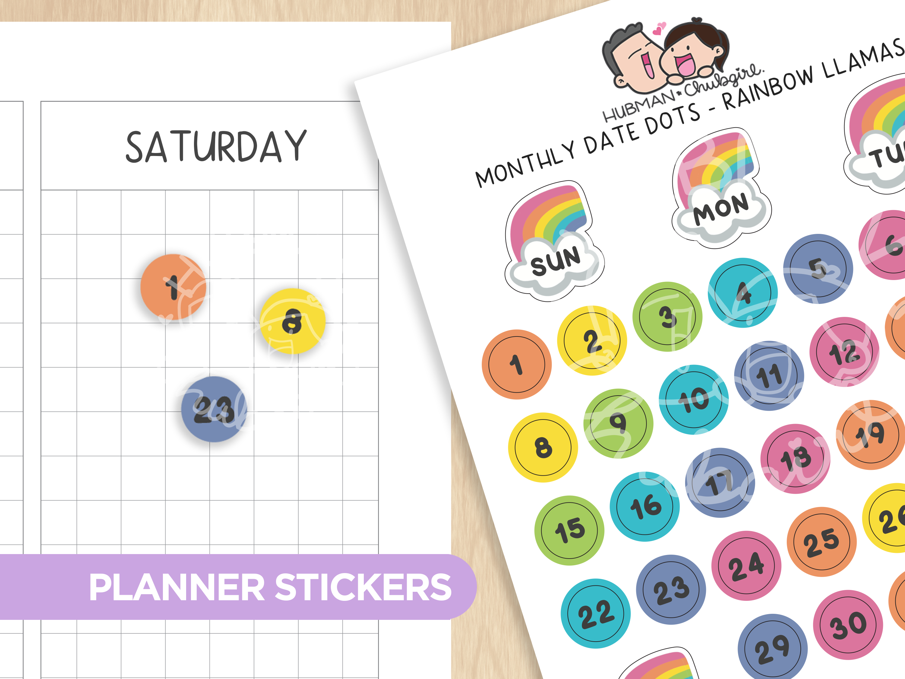 Monthly Date Dots - Rainbow Llamas Planner Stickers