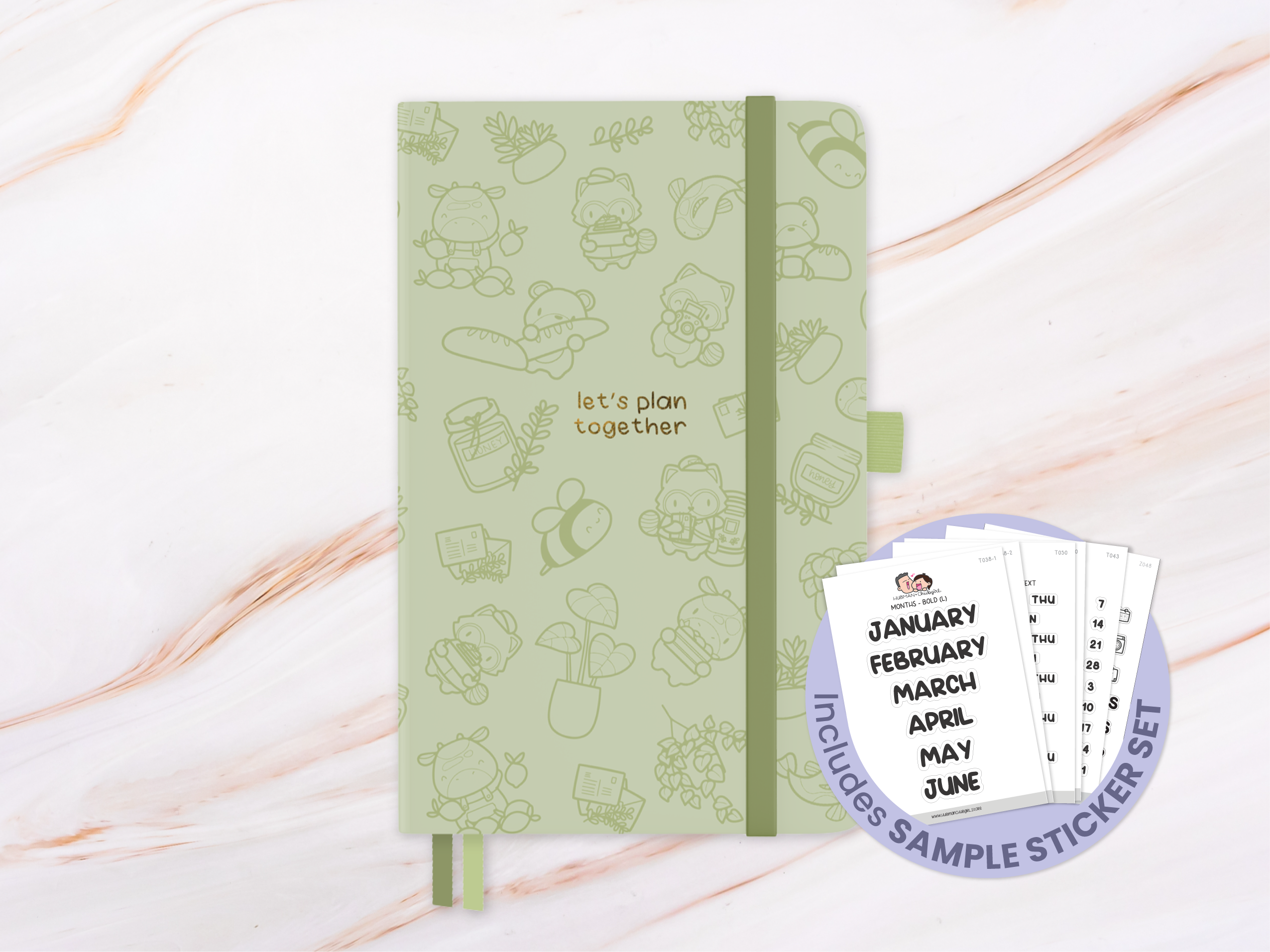 Green planner with cute animal illustrations and 'let's plan together' text.