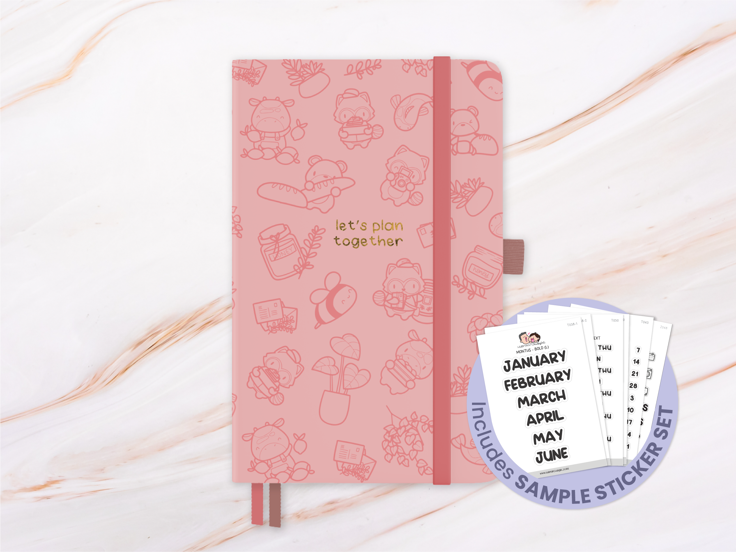 Pink planner with cute animal and plant illustrations, captioned 'let's plan together' on the cover.