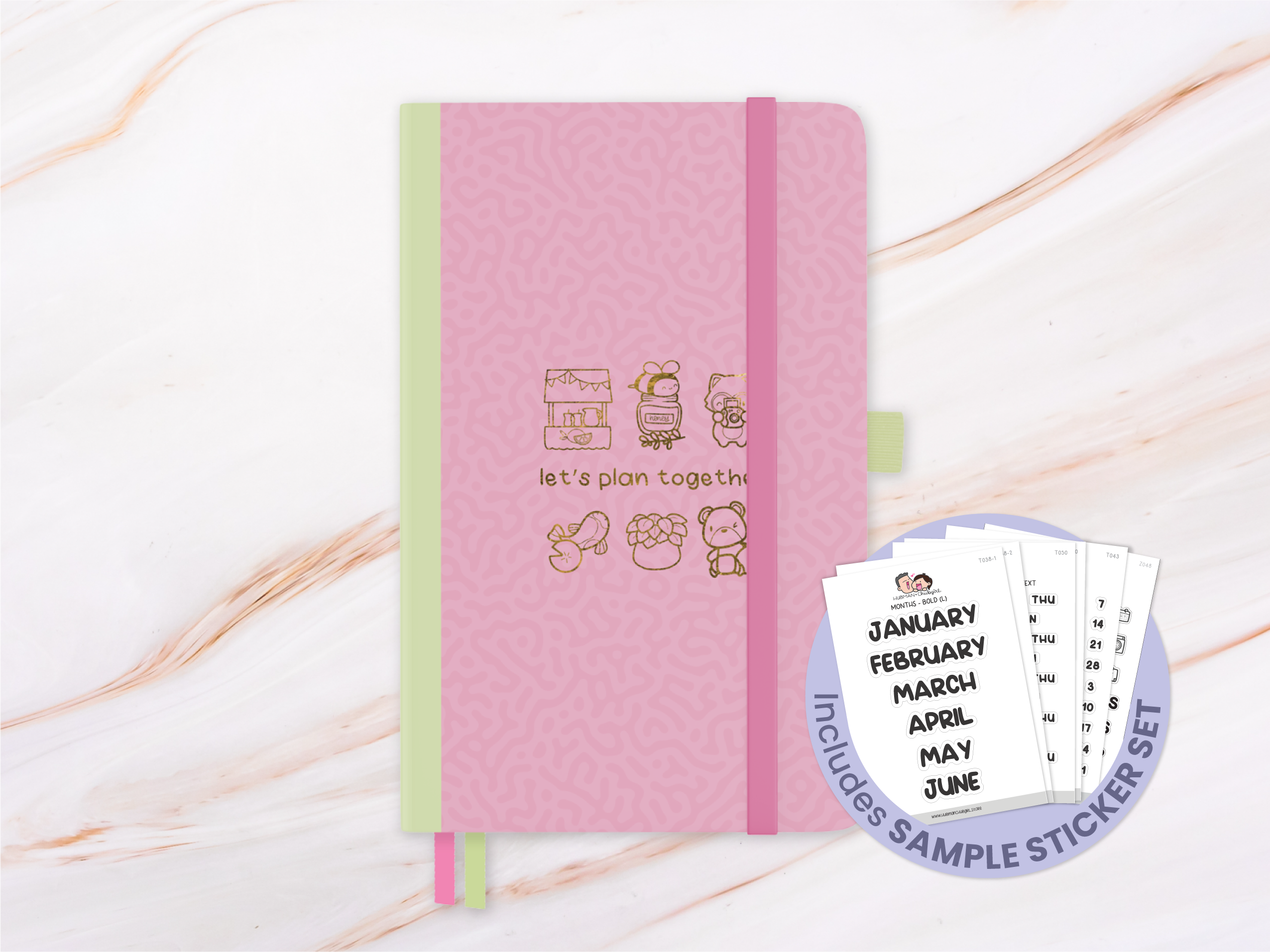 Pink notebook with playful illustrations and text 'let's plan together.'