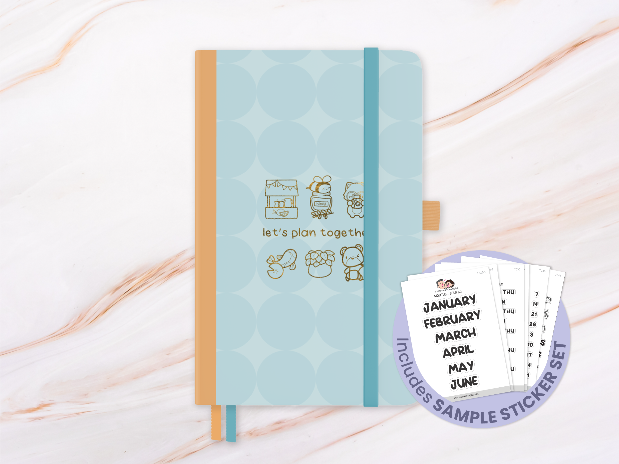 Blue notebook with cute sketches and 'let's plan together' text on the cover.