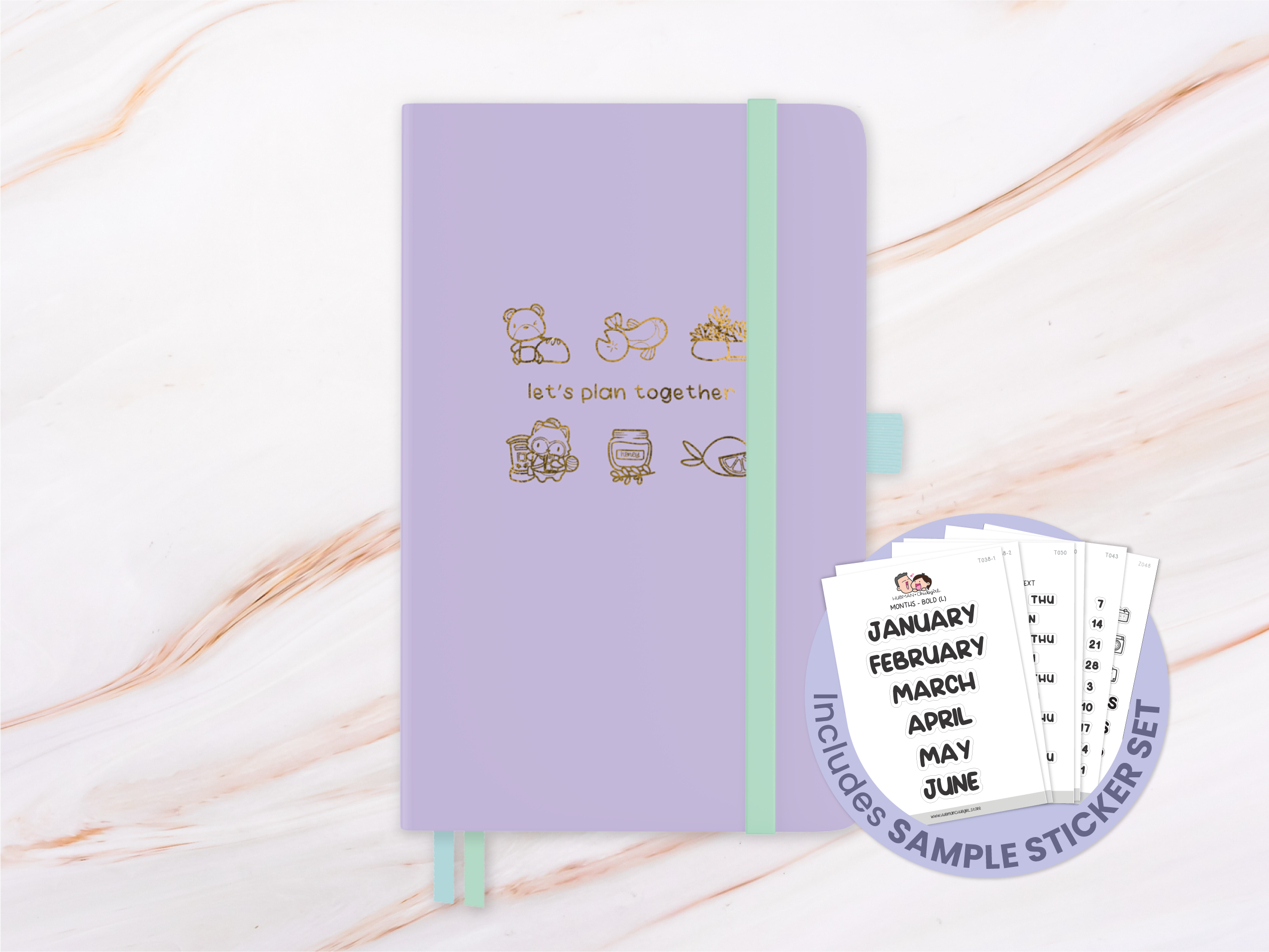 A lavender planner with cute cartoon icons and the text 'let's plan together.'