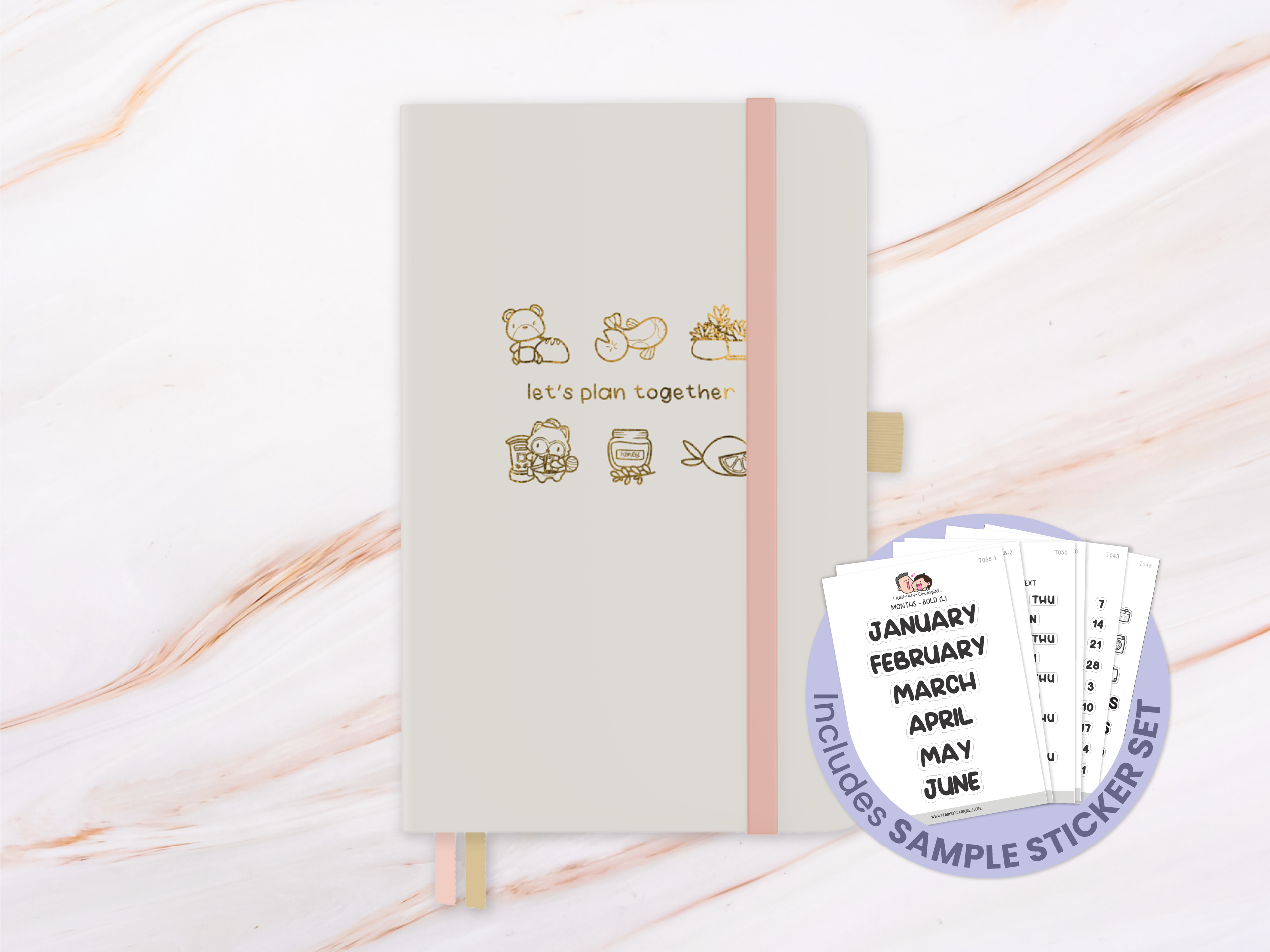 Notebook with cute doodles and 'let's plan together' text on a marbled background.