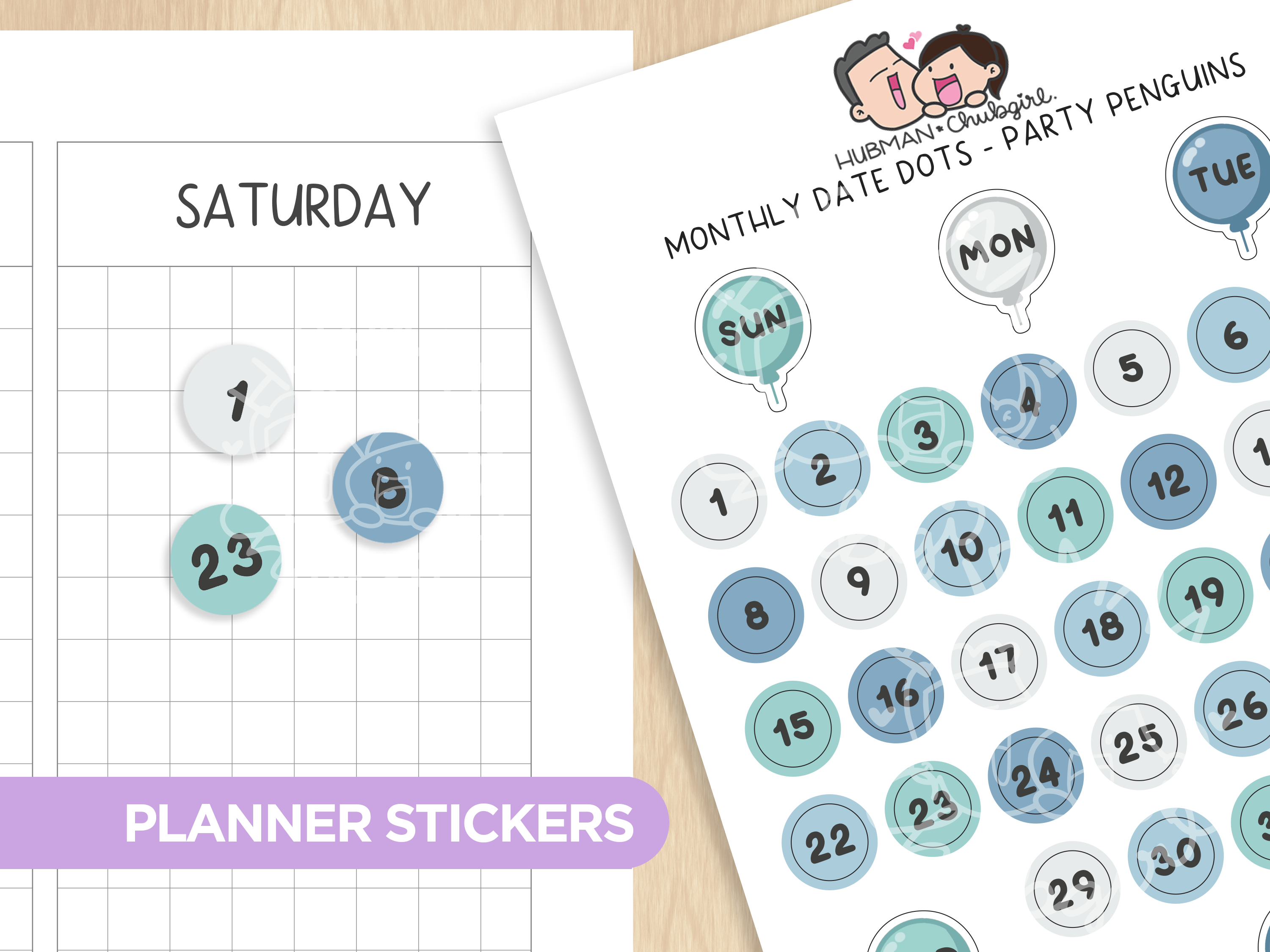 Monthly Date Dots - Party Penguins Planner Stickers