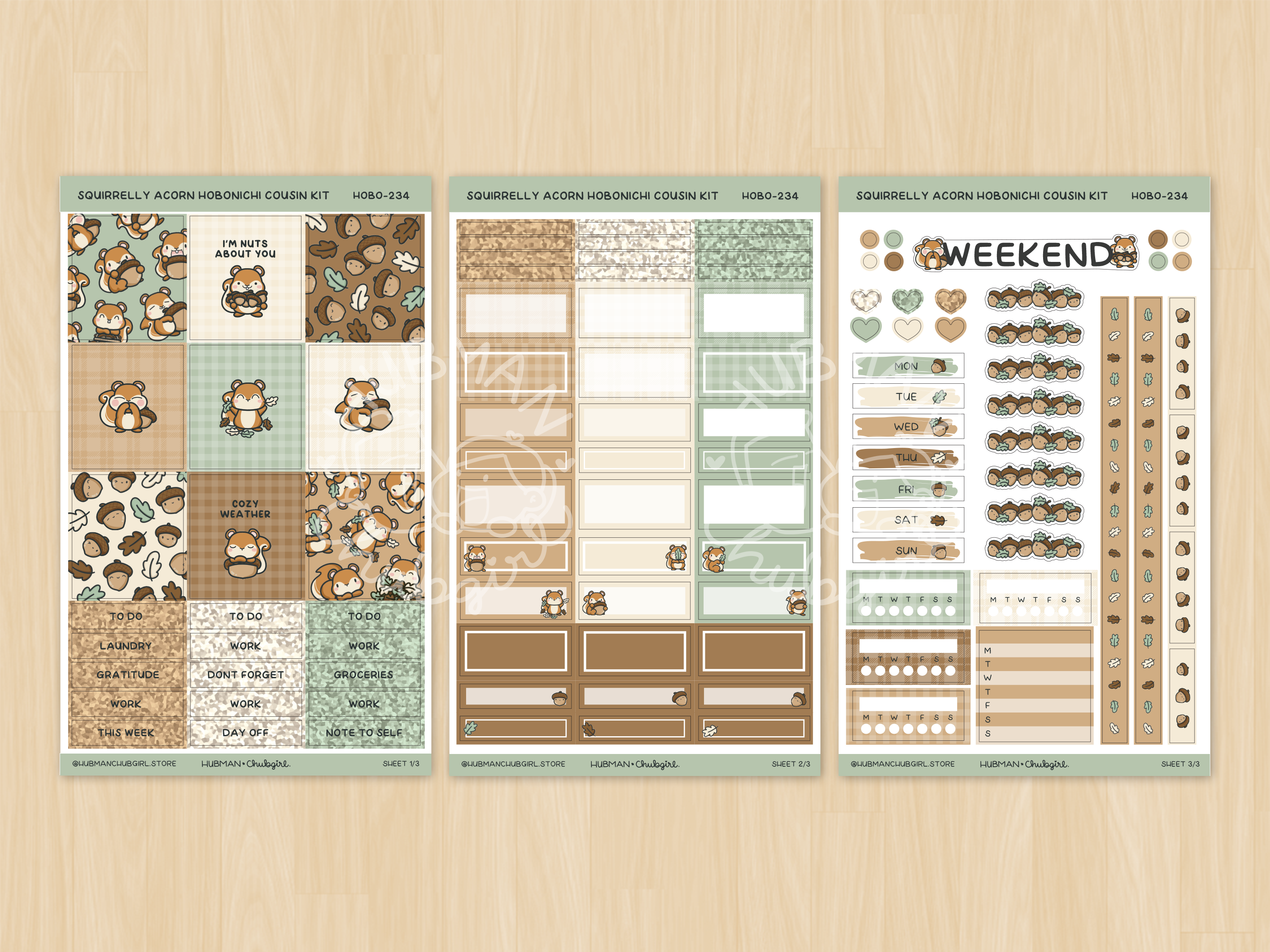 Squirrelly Acorn Theme Hobonichi Cousin Weekly Kit (Set of 3)