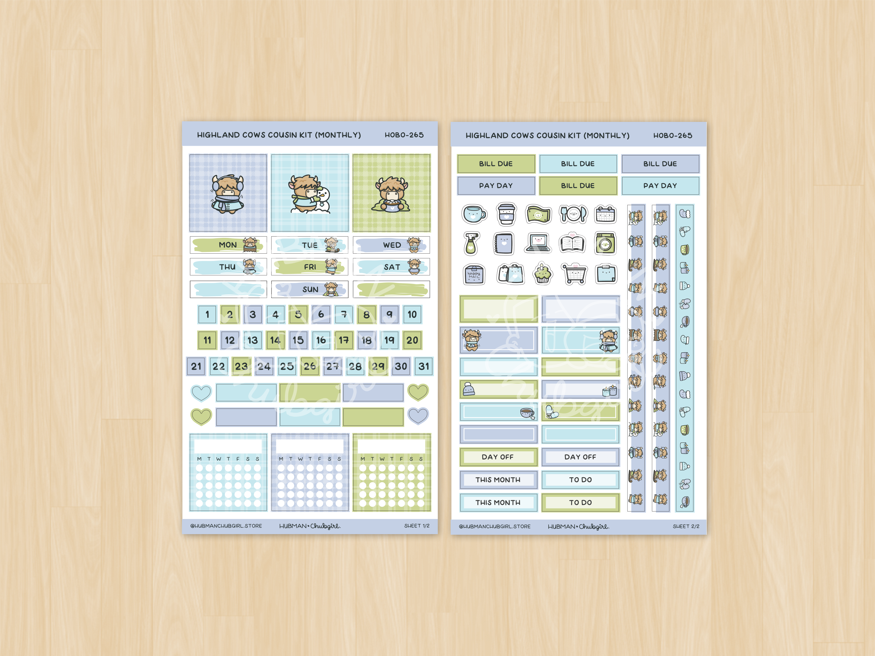 Winter Highland Cows Hobonichi Cousin Monthly Kit (Set of 2)