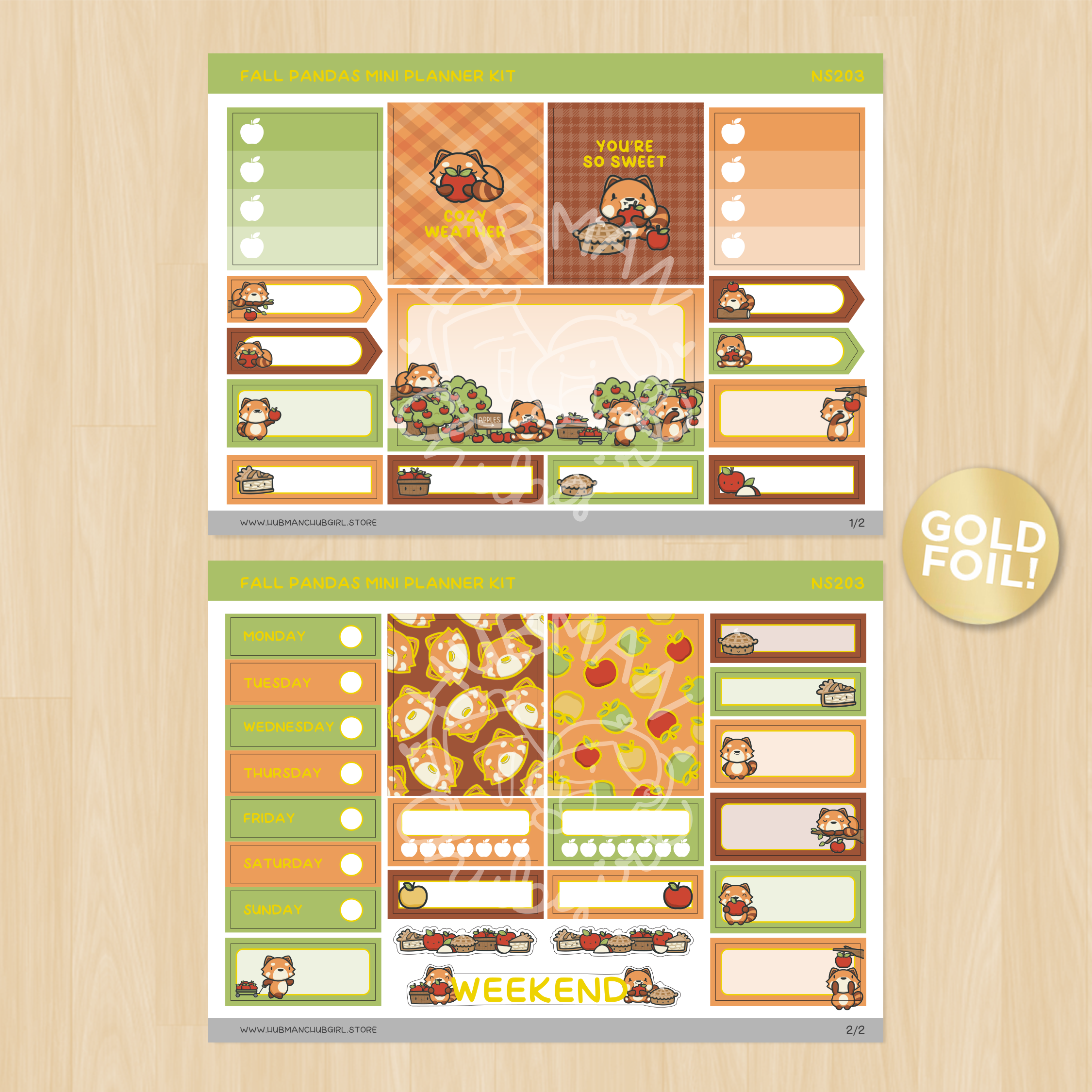 Fall Pandas Mini Planner Kit - Gold Foil (Set of 2)