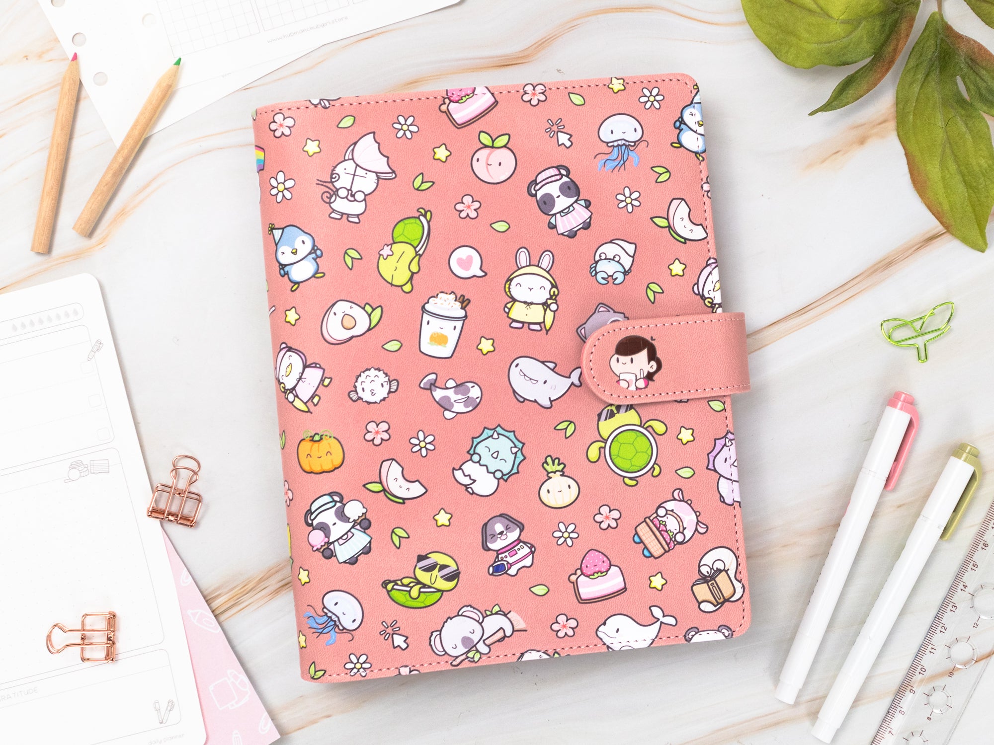 Vegan Leather Binder/Planner - Cute Characters (Pink)