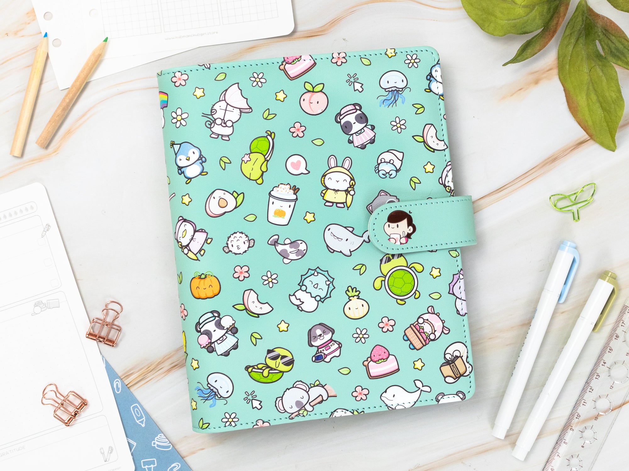 Vegan Leather Binder/Planner - Cute Characters (Mint)