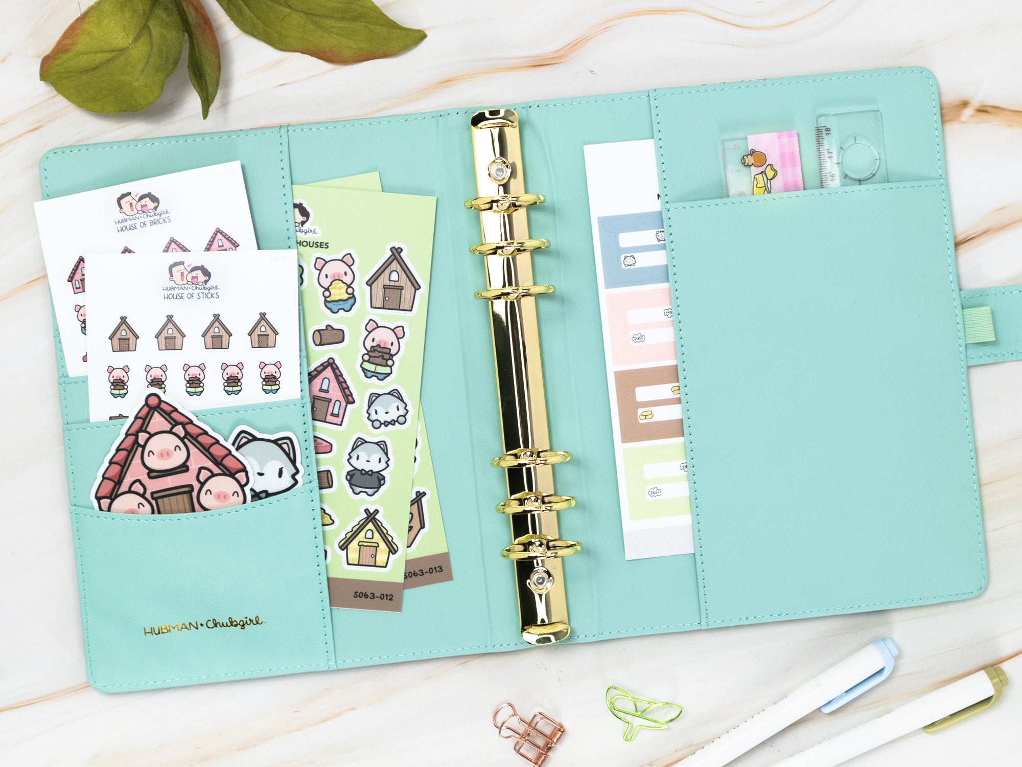 Vegan Leather Binder/Planner - Cute Characters (Mint)