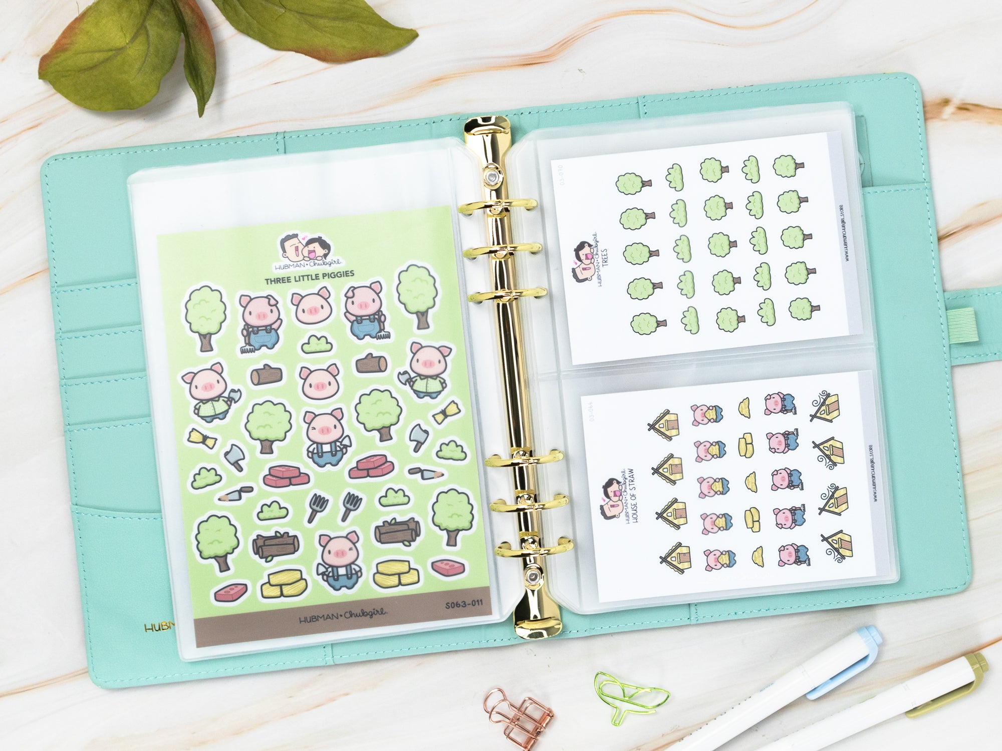 Vegan Leather Binder/Planner - Cute Characters (Mint)