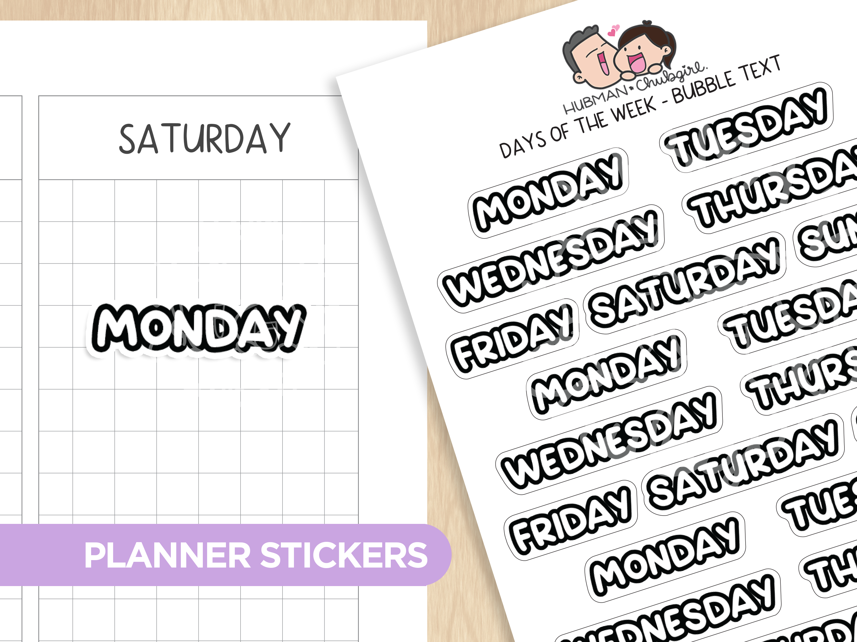 Days of the Week - Bubble Text Planner Stickers