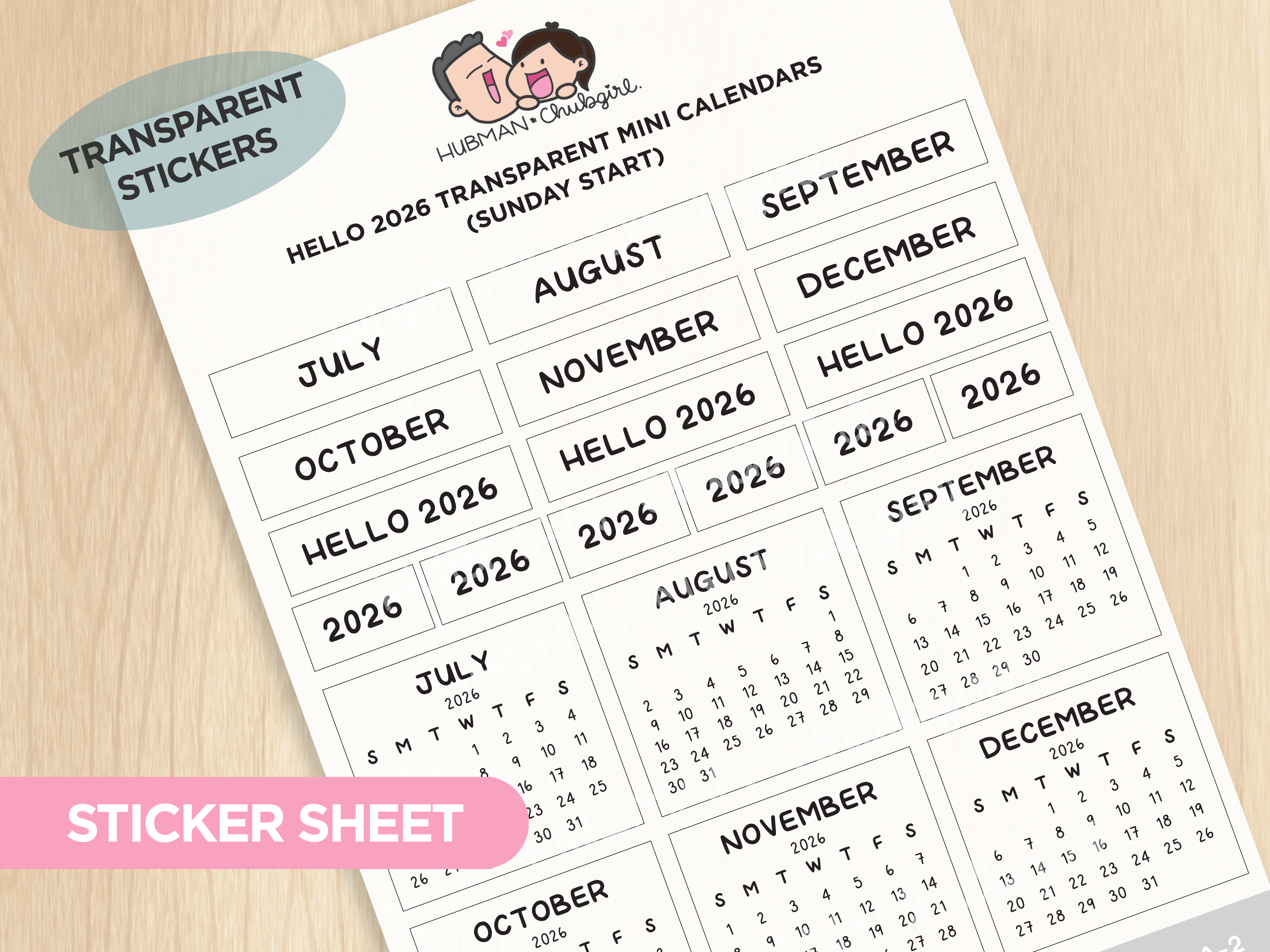 Hello 2026 Transparent Mini Calendars (Set of 2)
